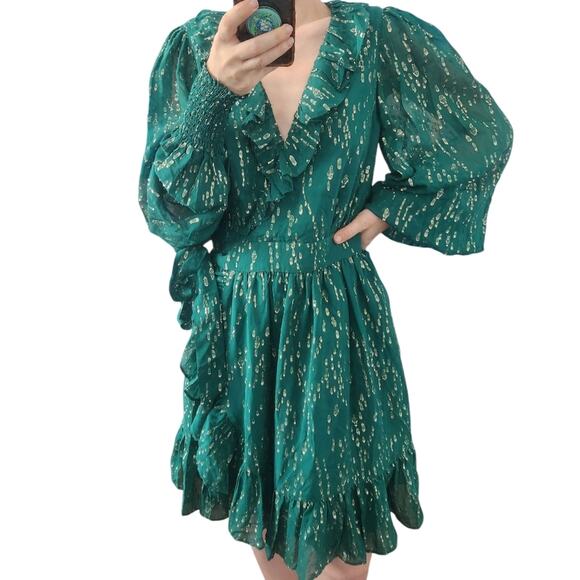 Lilly Pulitzer Birdy Silk Metallic Ruffle Wrap Dress 2 Green Wedding Cocktail - Picture 1 of 9